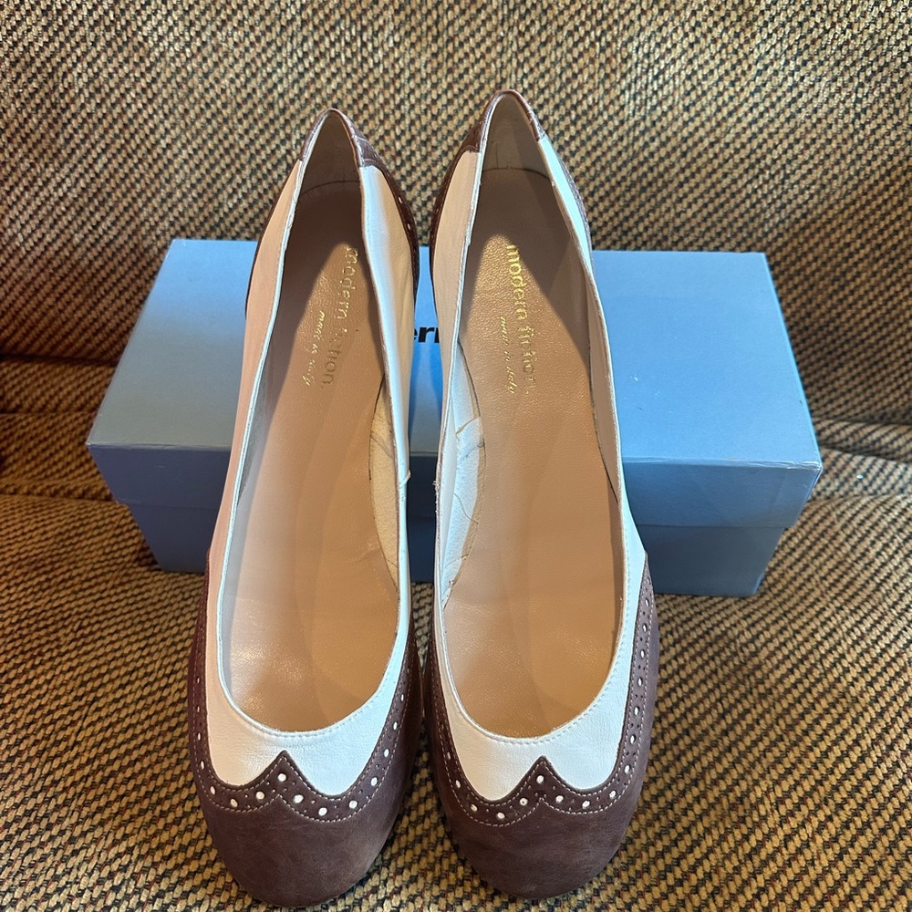 New Modern Fiction White and Brown Wingtip Ballerina Flat 11m